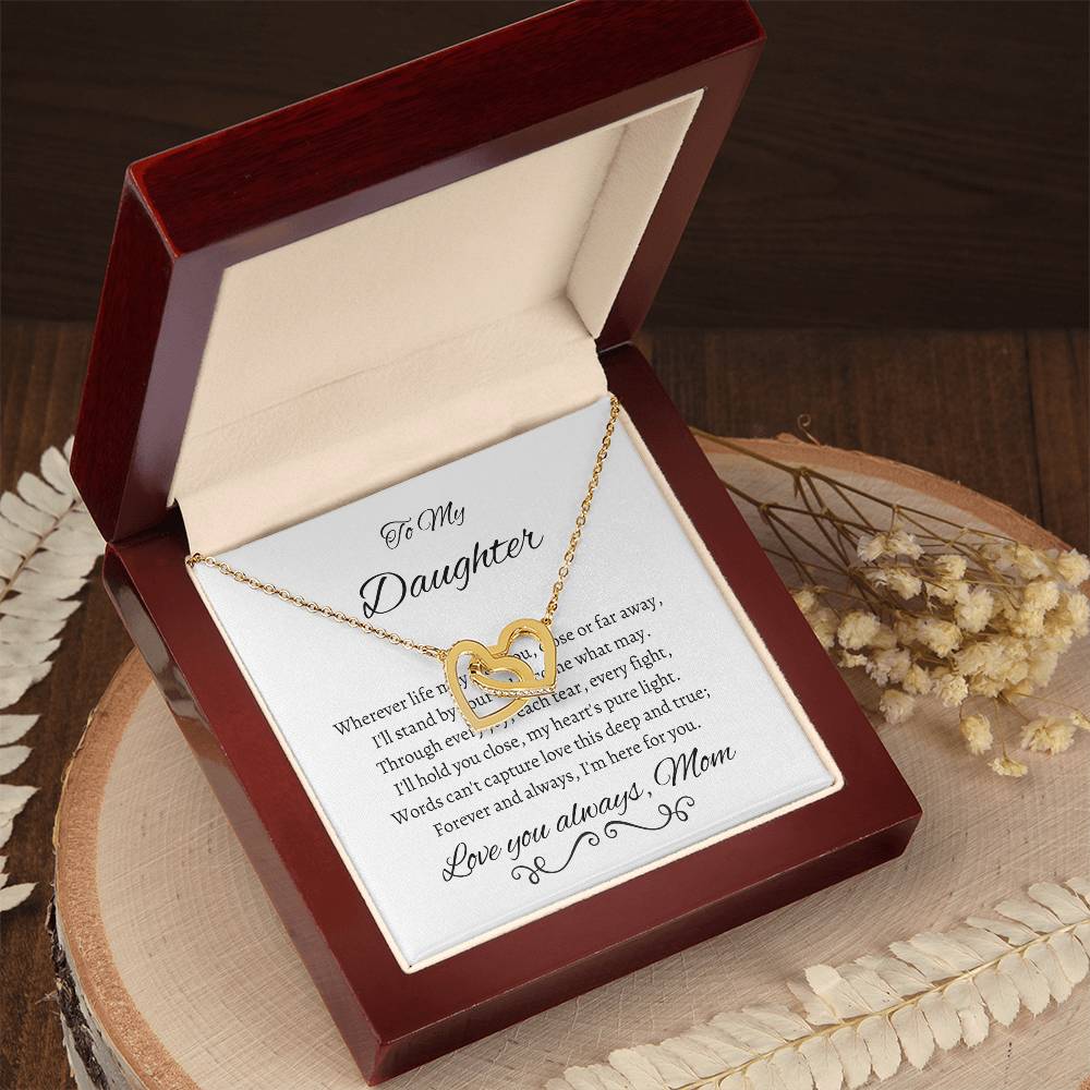To My Daughter Wherever Life May Lead You Interlocking Hearts Necklace (Yellow & White Gold Variants)