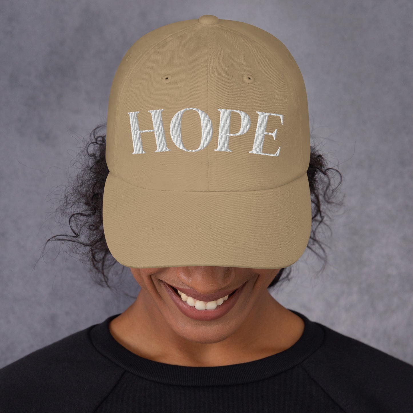 The perfect Dad Hat With Hope Embroidered On The Front In Large Letters Light Colors White Pink Blue Beige