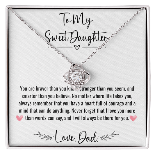 Elegant 'To My Daughter With Love' necklace featuring a love knot pendant, symbolizing love and affection, perfect for gifting to a daughter on special occasions.